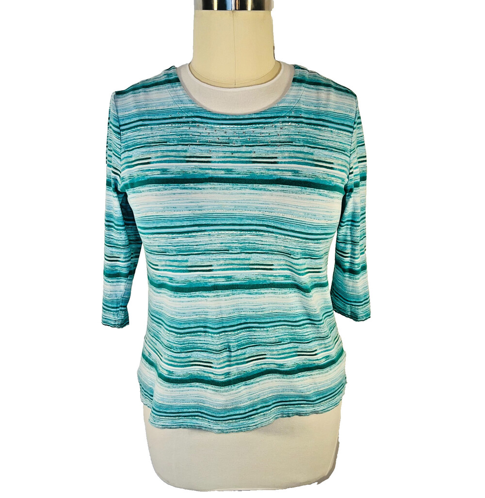 Coral Bay - Blouse Women's L Watercolor Coastal Silver Beaded Boat Neck 3/4 Slv